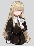  1girl black_jacket blonde_hair blue_eyes braid closed_mouth cropped_torso cz52_(girls&#039;_frontline) french_braid girls&#039;_frontline gloves grey_background hair_over_eyes highres holding holding_paper jacket long_hair long_sleeves monocle one_eye_covered paper rampart1028 sleeve_cuffs smile solo white_gloves 