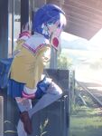  1girl adjusting_footwear akayama_yukihe bag blazer blue_eyes blue_skirt blush bob_cut bread bread_slice brown_footwear clannad commentary_request dappled_sunlight day eyes_visible_through_hair food food_in_mouth foot_out_of_frame from_side fujibayashi_ryou hair_between_eyes hair_intakes hair_ribbon hand_up highres hikarizaka_private_high_school_uniform holding holding_bag jacket jam knee_up loafers looking_at_viewer miniskirt mouth_hold outdoors pleated_skirt purple_hair railroad_tracks ribbon sailor_collar school_uniform shoes short_hair shoulder_bag sidelighting skirt solo standing standing_on_one_leg sunlight thighhighs toast toast_in_mouth tress_ribbon white_ribbon white_sailor_collar white_thighhighs yellow_jacket zettai_ryouiki 