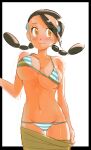  1girl absurdres alternate_costume bikini black_hair blush breasts brown_eyes candice_(pokemon) closed_mouth collarbone commentary_request cowboy_shot eyelashes hair_ornament hairclip highres large_breasts long_hair multi-tied_hair navel nervous pokemon pokemon_dppt pulled_by_self smile solo striped_bikini striped_clothes swimsuit twintails u4_99384295 white_background 