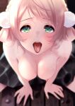  1girl black_skirt blush breasts green_eyes hair_ornament hair_rings highres indie_virtual_youtuber light_brown_hair looking_at_viewer nipples open_mouth pom_pom_(clothes) pom_pom_hair_ornament shigure_ui_(vtuber) short_hair skirt solo tongue tongue_out topless virtual_youtuber wet zabudog777 
