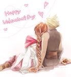  1boy 1girl aerith_gainsborough aerith_gainsborough_(floral_gown) back_cutout bare_shoulders belt blonde_hair boots braid brown_belt brown_footwear brown_hair capelet chocolate clothing_cutout cloud_strife couple dress facing_away final_fantasy final_fantasy_vii final_fantasy_vii_ever_crisis final_fantasy_vii_remake grey_pants grey_shirt hair_ribbon happy_valentine heart hetero jo_ro_ri layered_dress leaning_on_person long_hair long_sleeves multiple_belts official_alternate_costume pants pink_capelet pink_skirt ribbon shirt short_hair single_braid sitting skirt sleeveless sleeveless_turtleneck spiked_hair turtleneck twitter_username white_background white_dress white_ribbon wide_sleeves 