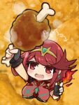  1girl :d arm_up black_gloves black_leotard boned_meat breasts chibi commentary_request fingerless_gloves fire food from_above gloves headpiece holding holding_food large_breasts leotard ma2acworks meat pyra_(xenoblade) pyrokinesis red_eyes red_hair smile solo steam xenoblade_chronicles_(series) xenoblade_chronicles_2 