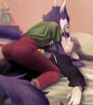 anthro bed canid canine canis claws duo eyes_closed furniture hi_res imminent_kiss kehushka looking_at_another looking_at_partner lying male male/male mammal on_back on_bed open_mouth pinned_to_bed sergal tail tail_tuft tongue tuft wolf