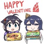  2girls :&gt; =_= ahoge bamboo_shoot black_hair braid chocolate hair_flaps hair_ornament hair_over_shoulder happy_valentine kantai_collection long_hair multiple_girls purple_scarf scarf seiran_(mousouchiku) shigure_(kancolle) shigure_kai_san_(kancolle) short_hair single_braid takenoko_no_sato_(food) upper_body yamashiro_(kancolle) yellow_scarf 