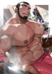  3boys abs absol_(dkqthf) another_eidos-r apron bara beard black_hair bowl facial_hair gloves hellion_(another_eidos) holding holding_bowl kafka_(another_eidos) large_pectorals looking_at_viewer male_focus multiple_boys muscular muscular_male navel nipples open_mouth pectorals pink_apron pink_gloves scar scar_on_chest scar_on_face short_hair waist_apron 