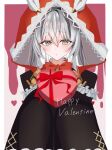  1girl aya62771779 black_dress bow bowtie box dress feathers frilled_dress frills gift grey_eyes grey_hair grey_hood hair_between_eyes happy_valentine hat_feather heart-shaped_box highres holding holding_gift looking_at_viewer no.21:_xxi_(red_hoodie)_(punishing:_gray_raven) no.21_(punishing:_gray_raven) punishing:_gray_raven red_bow red_bowtie red_hood sleeves_past_fingers sleeves_past_wrists solo two-sided_hood white_feathers 
