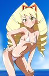  big_hair bikini blush cameltoe contrapposto covered_nipples day drill_hair flat_chest green_eyes hand_on_hip leaning_forward long_hair makino_tomoyasu rockman ryuusei_no_rockman shirogane_luna side-tie_bikini smile solo standing string_bikini swimsuit water 