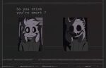 alternate_(species) asriel_dreemurr black_sclera boss_monster_(undertale) bovid caprine clothing creepy duo empty_eyes fangs floppy_ears fur goat head_tuft hi_res hoodie horn looking_at_viewer male mammal mandela_catalogue mugshot no_pupils obscured_face question_mark scary shaded shadowed_face smile solo teeth text thetomat0 topwear tuft undertale undertale_(series) vhs_filter void_eyes white_body white_fur