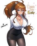  1girl absurdres adjusting_hair artist_name blue_eyes body_freckles breasts brown_hair cleavage commentary english_commentary freckles hair_ribbon highres jarckius large_breasts long_hair office_lady original pantyhose pencil_skirt ponytail ribbon skirt white_background white_ribbon 