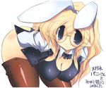  arms_behind_back bent_over blonde_hair breasts bunny_girl buttons cleavage glasses hanging_breasts large_breasts long_hair original pointy_ears sakaki_(noi-gren) solo thighhighs 