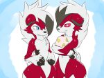 anthro blue_eyes blush colored duo egg eye_contact fur generation_7_pokemon hi_res looking_at_another lycanroc male midnight_lycanroc multicolored_body multicolored_fur navel nintendo nude pokemon pokemon_(species) red_body red_eyes red_fur two_tone_body two_tone_fur white_body white_fur yakinikuinu