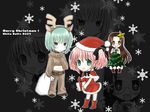  3girls animal_costume camera christmas christmas_tree christmas_tree_costume iwasaki_minami kobayakawa_yutaka lucky_star midriff multiple_girls reindeer reindeer_costume santa_costume shima_yukiwa snowflakes tamura_hiyori 