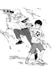  2boys aiming cargo_shorts closed_mouth commentary_request dress_pants dress_shirt dress_shoes eduroku expressionless firing floating_hair full_body greyscale highres holding holding_water_gun jitome jumping kageyama_shigeo male_focus mob_psycho_100 monochrome motion_lines multiple_boys necktie playing print_shirt puddle reigen_arataka ribbed_socks serious shirt shoes short_hair shorts simple_background sleeves_rolled_up sneakers t-shirt ufo_print v-shaped_eyebrows watch water_gun wet wet_face wet_hair wristwatch 