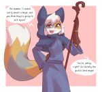 anthro arcanis_(hahaluckyme) borvar calico_cat clothed clothing dialogue digital_media_(artwork) domestic_cat english_text felid feline felis female fully_clothed fur grey_body grey_fur hair hi_res holding_object holding_staff looking_at_viewer mammal open_mouth open_smile red_eyes robe smile speech_bubble staff standing talking_to_viewer text white_body white_fur white_hair yellow_body yellow_fur