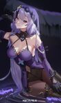  1girl absurdres bare_shoulders black_gloves black_swan_(honkai:_star_rail) breasts cleavage commentary elbow_gloves gloves grey_eyes hair_between_eyes highres honkai:_star_rail honkai_(series) jewelry large_breasts long_hair looking_at_viewer navel nocta_felis purple_hair purple_lips ring sketch smile solo thighhighs thighs veil very_long_hair 