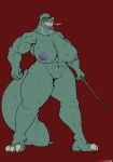  abs absurd_res big_breasts big_tail big_thighs breasts cigar claws colored_nails crocodile crocodilian elektr0 female hi_res muscular muscular_female nipples reptile riding_crop scales scalie scar sharp_teeth solo teeth whip wide_hips 
