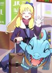  1girl :d absurdres blonde_hair blue_bow blue_hairband blurry blurry_background blush bow bow_hairband buttons closed_eyes commentary_request eyelashes facing_viewer hairband hand_up highres holding jacket long_hair long_sleeves open_clothes open_jacket open_mouth pokemon pokemon_(creature) pon_yui scarf smile suitcase teeth tongue totodile upper_teeth_only waving 