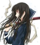  black_hair copyright_request katana long_hair lowres red_eyes school_uniform serafuku solo sword takagi_hideaki weapon 