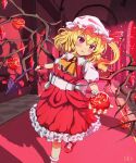  1girl ascot blonde_hair blush branch crystal_wings dress flandre_scarlet frills hallway hat hat_ribbon highres indoors laevatein_(touhou) mary_janes medium_hair mob_cap puffy_short_sleeves puffy_sleeves red_dress red_ribbon ribbon shoes short_sleeves side_ponytail smile solo touhou user_ddzr7224 yellow_ascot 