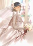  1girl black_hair blunt_bangs blurry blurry_background blush bouquet breasts bridal_veil cape dress earrings from_side highres holding holding_bouquet jewelry lace-trimmed_collar lace_sleeves lace_trim long_sleeves looking_at_viewer original purple_eyes short_hair smile unholymilk veil wedding_dress white_cape 