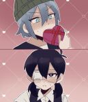  1boy 1girl andou_(sino_spkt) aubrey_(faraway)_(omori) aubrey_(omori) bandaged_fingers bandages beanie black_eyes black_hair black_vest blue_eyes blue_hair blush box eyepatch genderswap genderswap_(ftm) genderswap_(mtf) green_headwear grey_hair hat heart-shaped_box medical_eyepatch omori red_ribbon ribbon shirt short_twintails sunny_(omori) twintails valentine vest white_shirt 