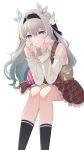  1girl absurdres bag bare_shoulders black_hairband black_socks blue_eyes blue_hair blue_pupils blush bow closed_mouth clothing_cutout collared_shirt crossed_bangs feet_out_of_frame firefly_(honkai:_star_rail) gradient_hair green_bow grey_hair hair_between_eyes hair_bow hair_intakes hairband handbag hands_on_own_cheeks hands_on_own_face head_rest highres honkai:_star_rail honkai_(series) invisible_chair kkachi0909 kneehighs knees_together_feet_apart leaning_forward long_hair long_sleeves looking_at_viewer multicolored_hair petticoat pink_eyes plaid plaid_skirt red_skirt shirt shoulder_cutout sidelocks simple_background sitting skirt smile socks solo suspender_skirt suspenders two-tone_eyes white_background white_bow white_shirt 