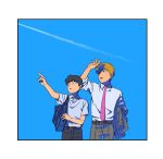  2boys :o bag black_eyes black_hair black_pants blonde_hair blue_sky border collared_shirt commentary_request constricted_pupils contrail cowboy_shot day dress_shirt eduroku floating_hair grey_jacket grey_pants half-closed_eyes hand_up highres holding holding_clothes holding_jacket jacket kageyama_shigeo looking_to_the_side male_focus mob_psycho_100 multiple_boys necktie open_mouth outdoors outstretched_arm pants pointing polo_shirt purple_necktie reigen_arataka revision school_bag shading_eyes shirt short_hair short_sleeves shoulder_bag sky sleeves_pushed_up suit_jacket unworn_jacket walking white_border 