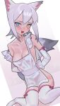  1girl absurdres animal_ears apron bare_shoulders blush breasts cleavage cowboy_shot fox_ears fox_girl fox_tail heterochromia highres medium_breasts medium_hair naked_apron open_mouth original saaal653 sitting solo tail wariza white_hair 