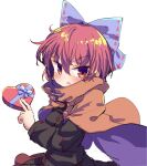  1girl black_shirt blue_bow blush bow box cloak commentary hair_bow heart-shaped_box isu_(is88) long_sleeves looking_at_viewer open_mouth red_eyes red_hair sekibanki shirt short_hair simple_background touhou white_background 