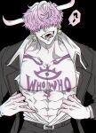  1boy abs absurdres claws dd_whitt earrings fangs fangs_out hair_over_eyes highres horns jewelry looking_at_viewer male_focus one_piece open_mouth simple_background smile solo teeth topless_male who&#039;s_who_(one_piece) 