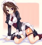  blush brown_eyes brown_hair corset dress hat kneeling maid mori_keiji necktie orange_background shannon short_hair socks solo tattoo umineko_no_naku_koro_ni 