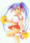  alternate_costume bangs blue_hair breasts cheerleader choker collarbone covered_nipples crop_top dual_wielding hair_ribbon highres holding hoshino_ruri kidou_senkan_nadesico kneehighs lace lace-trimmed_panties leg_lift light_smile lipstick long_hair looking_at_viewer makeup microskirt midriff navel nishitsuki_tsutomu outstretched_arm panties pleated_skirt pom_poms ribbon scan see-through shirt shoes short_sleeves simple_background skirt skirt_lift small_breasts smile sneakers solo taut_clothes taut_shirt twintails underwear very_long_hair white_background white_panties wind wind_lift wristband yellow_eyes 