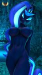  3d_(artwork) anthro areola blue_eyes blue_theme breasts cave cavern digital_media_(artwork) equine female hair horn loveslove mammal my_little_pony nightmare_rarity_(idw) nipples nude purple_hair pussy slit_pupils solo source_filmmaker unicorn water 