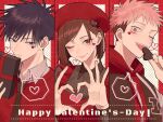  1girl 2boys :d beret black_eyes black_hair black_jacket black_necktie black_shirt box brown_eyes brown_hair closed_mouth collared_shirt facial_mark fushiguro_megumi hand_up happy_valentine hat heart heart_facial_mark heart_hands holding holding_box hood hood_down hoodie itadori_yuuji jacket jujutsu_kaisen kugisaki_nobara looking_at_viewer mahiru050421 multiple_boys necktie one_eye_closed open_mouth pink_hair red_headwear red_hoodie red_shirt shirt short_hair smile 