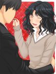  1boy 1girl amagami black_hair black_jacket closed_eyes collared_shirt commentary_request curly_hair faceless faceless_male feeding grey_sweater highres hug jacket long_sleeves medium_hair messy_hair open_mouth school_uniform shirt smile sweater tachibana_jun&#039;ichi takemi_kaoru tanamachi_kaoru wavy_hair white_shirt 