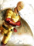  1boy aku-usagi bald belt black_belt black_eyes bodysuit cape clenched_hands closed_mouth commentary gloves male_focus one-punch_man red_footwear red_gloves saitama_(one-punch_man) solo tumblr_username white_cape yellow_bodysuit 