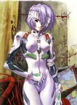  ayanami_rei bandage_over_one_eye bandages bangs blue_hair bodysuit bracer breasts cable cowboy_shot eyepatch gloves hair_between_eyes highres impossible_bodysuit impossible_clothes looking_at_viewer neon_genesis_evangelion number official_art pale_skin parted_lips pilot_suit plugsuit red_eyes ruins sadamoto_yoshiyuki scan short_hair signature skinny small_breasts solo thigh_gap turtleneck white_bodysuit 