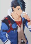  1boy black_hair candy coat dog_tags earrings eiyuu_densetsu food food_in_mouth green_eyes grey_background hair_slicked_back hand_in_pocket jewelry kureko_nk kuro_no_kiseki lollipop looking_at_viewer multicolored_hair short_hair simple_background solo two-tone_hair upper_body van_arkride wristband 