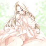  ayase_hazuki blonde_hair blue_eyes breasts copyright_request huge_breasts long_hair mouth_hold pointy_ears sitting solo 
