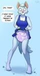 animal_crossing anthro arzdin blush bottomwear canid canine canis claws clothed clothing clothing_lift dialogue diaper diaper_under_skirt female looking_down mammal nintendo paws presenting_diaper skirt skirt_lift solo speech_bubble standing underwear whitney_(animal_crossing) wolf
