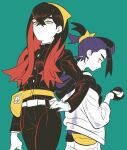  1boy 1girl belt belt_buckle black_hair brother_and_sister buckle buttons carmine_(pokemon) closed_mouth commentary_request fanny_pack green_background hand_on_own_hip highres holding holding_poke_ball jacket kieran_(pokemon) korean_commentary long_hair multicolored_hair pants poke_ball pokemon pokemon_sv purple_hair red_hair redlhzz shorts siblings simple_background two-tone_hair yellow_bag yellow_eyes zipper_pull_tab 