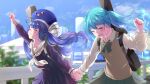  2girls absurdres ahoge aqua_hair arm_up blue_hair blue_serafuku blue_skirt blue_sky blurry blurry_background blush bow bowtie brown_sweater_vest city cityscape clenched_hand closed_eyes cloud collared_shirt commentary eel_hat green_bow green_bowtie green_skirt grin guard_rail guitar_case happy hatsune_miku highres holding_hands instrument_case large_hat long_hair long_sleeves low-braided_long_hair multiple_girls neckerchief open_mouth otomachi_una outdoors plaid plaid_bow plaid_bowtie plaid_skirt pleated_skirt puffy_sleeves sailor_collar sakurada_btt school_uniform serafuku shirt skirt sky smile sweater_vest teeth tree twintails vocaloid white_neckerchief white_sailor_collar white_shirt 