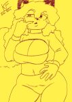 absurd_res anthro averi_(fiddleafox) bottomwear breasts brown_body brown_fur canid canine cleavage_cutout clothing female female_anthro fox fur hair hi_res killerfoxkin mammal markings monochrome pants simple_background solo standing white_body white_fur yoga_pants