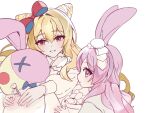  2girls animal_ears blonde_hair blush bow cone_hair_bun dress eversoul garnet_(eversoul) grin hair_between_eyes hair_bow hair_bun hair_ornament holding holding_stuffed_toy korean_clothes korean_commentary long_hair long_sleeves looking_at_another looking_at_viewer looking_to_the_side multiple_girls needle parted_lips pink_eyes pink_hair puffy_sleeves rabbit_ears rabbit_girl red_bow red_eyes ribbon smile soonie_(eversoul) stitches stuffed_animal stuffed_toy turtle unfinished white_background 