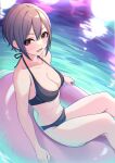  1girl absurdres bare_legs bare_shoulders bikini black_bikini black_eyes blush breasts cleavage collarbone grey_hair hair_between_eyes highres idolmaster idolmaster_cinderella_girls looking_at_viewer medium_breasts pool shiomi_syuko short_hair sitting smile solo swimsuit t.r thighs tube water 