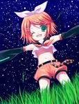  aqua_eyes futaba_miwa grass kagamine_rin midriff night one_eye_closed outstretched_arms shorts solo spread_arms star vocaloid 