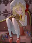  1girl ascot bloomers closed_eyes couch crystal_wings flandre_scarlet full_body hat hat_ribbon mary_janes medium_hair mob_cap on_couch open_mouth red_ribbon ribbon shoes side_ponytail sleeping sleeping_upright solo stuffed_animal stuffed_toy teddy_bear touhou user_ymkd7372 yellow_ascot 
