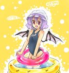 :d artist_request bat_wings fang happy innertube korean name_tag one-piece_swimsuit open_mouth purple_hair red_eyes remilia_scarlet school_swimsuit smile solo standing swim_cap swimsuit touhou wading wading_pool wings yellow_background 