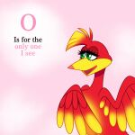 avian banjo-kazooie bird dialogue feathers female feral green_eyes hi_res kazooie pink_background rareware red_body red_feathers simple_background skelly_doll solo