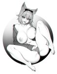 1girl animal_ear_fluff animal_ears artist_name bow braid brassica breasts collarbone eyelashes fingernails greyscale hair_between_eyes hair_bow highres large_breasts long_hair monochrome navel nipples off_shoulder open_mouth original panties sharp_fingernails sleeves_past_wrists solo underwear 